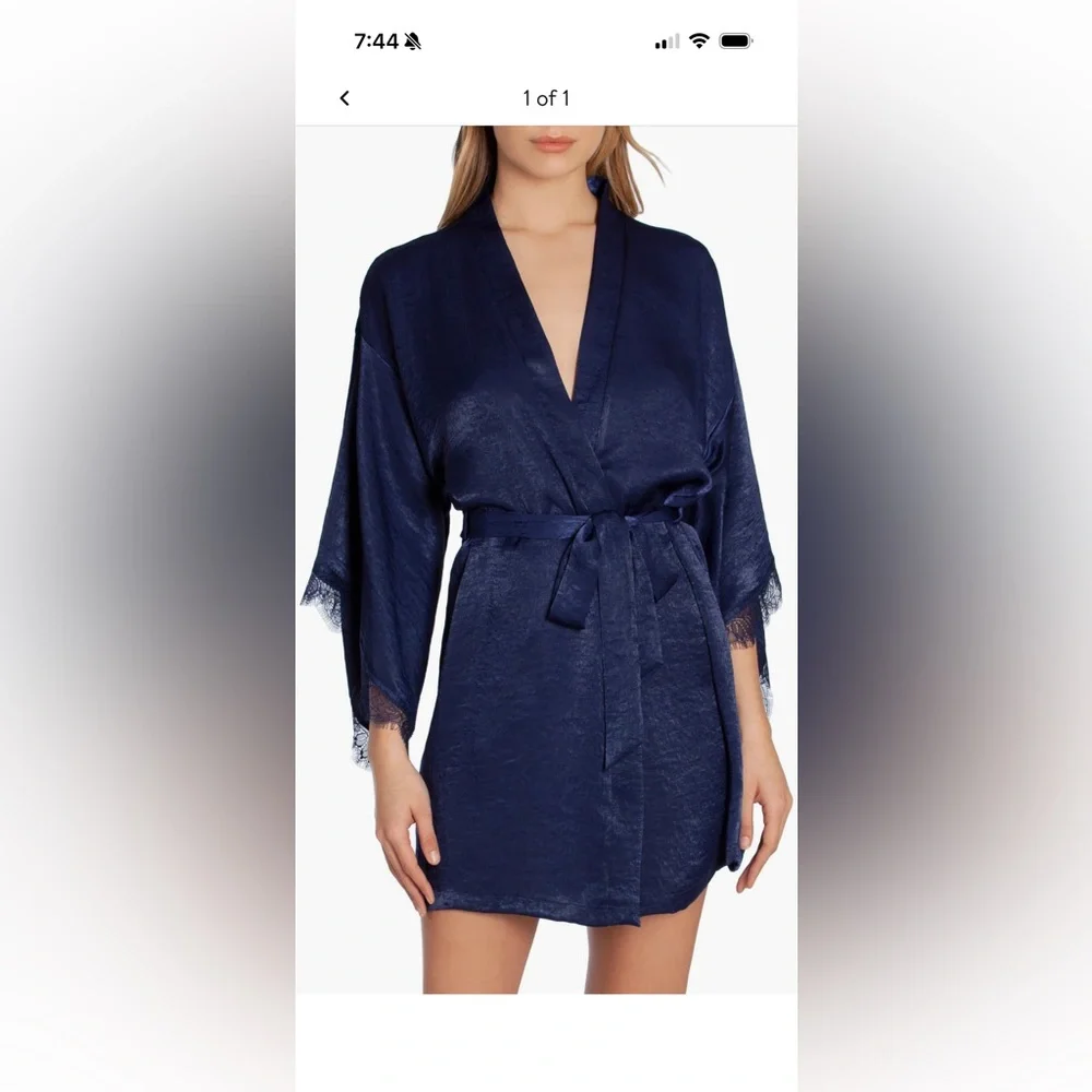 Navy Satin Lace-Trim Kimono Robe - Women's Chemise